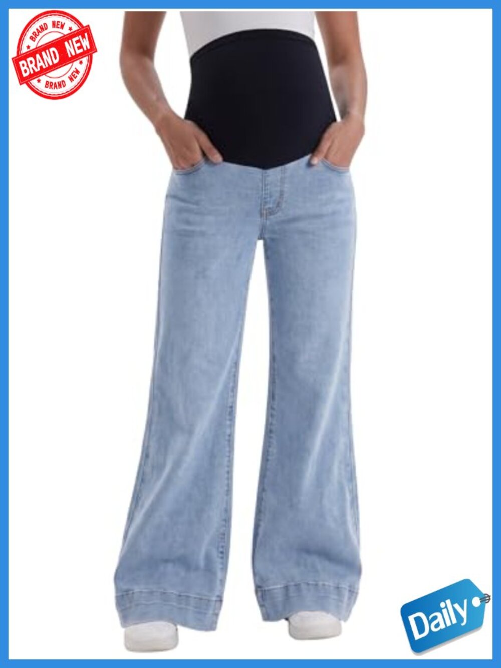 Women's Maternity Wide Leg Jeans Over Belly Pull On Denim Pants with Pockets